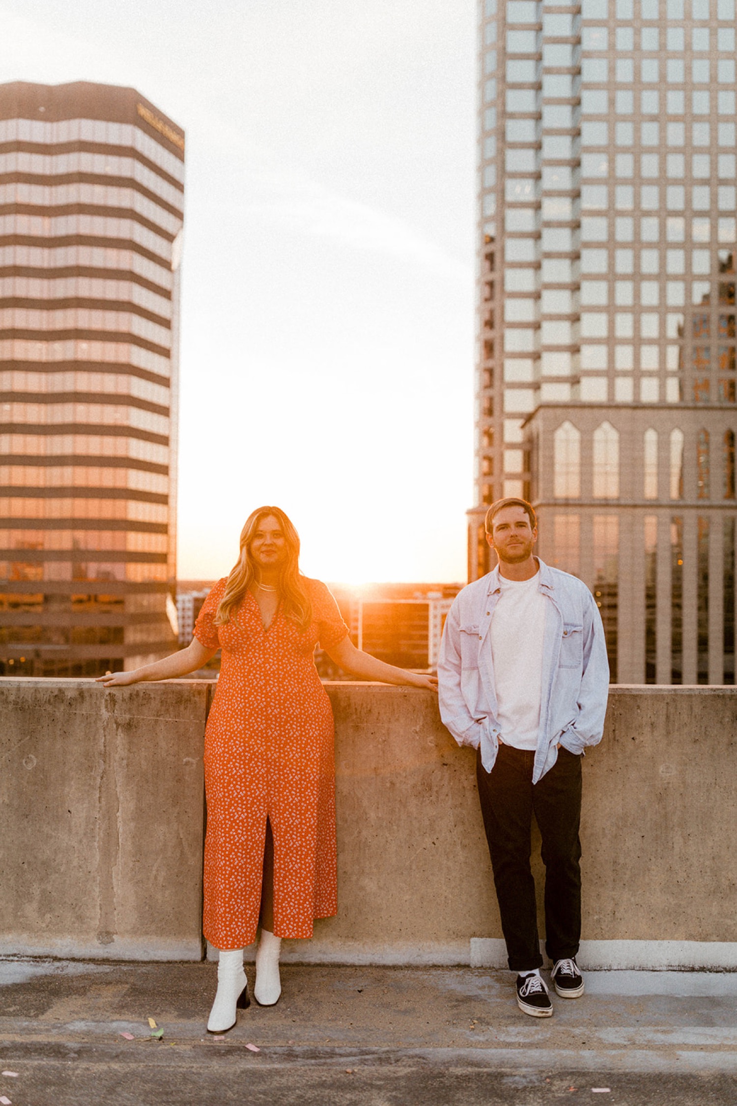 couple on parking garage roof downtown tampa dreamy engagement session