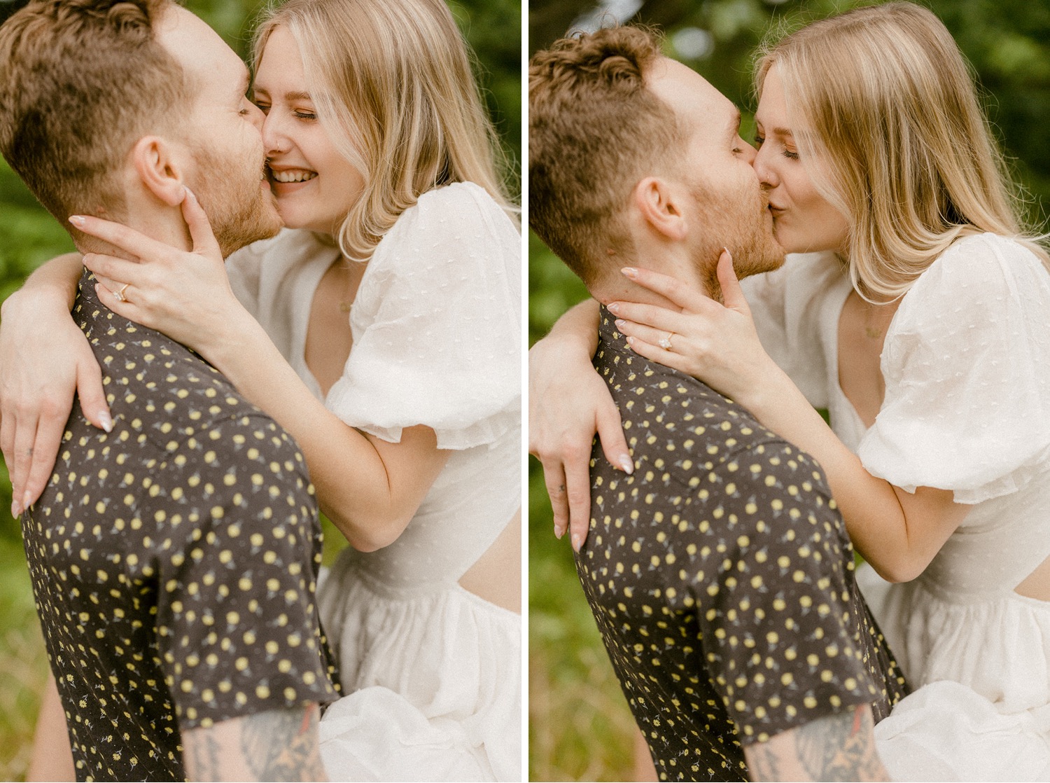 couple kissing in field laughing engagement session