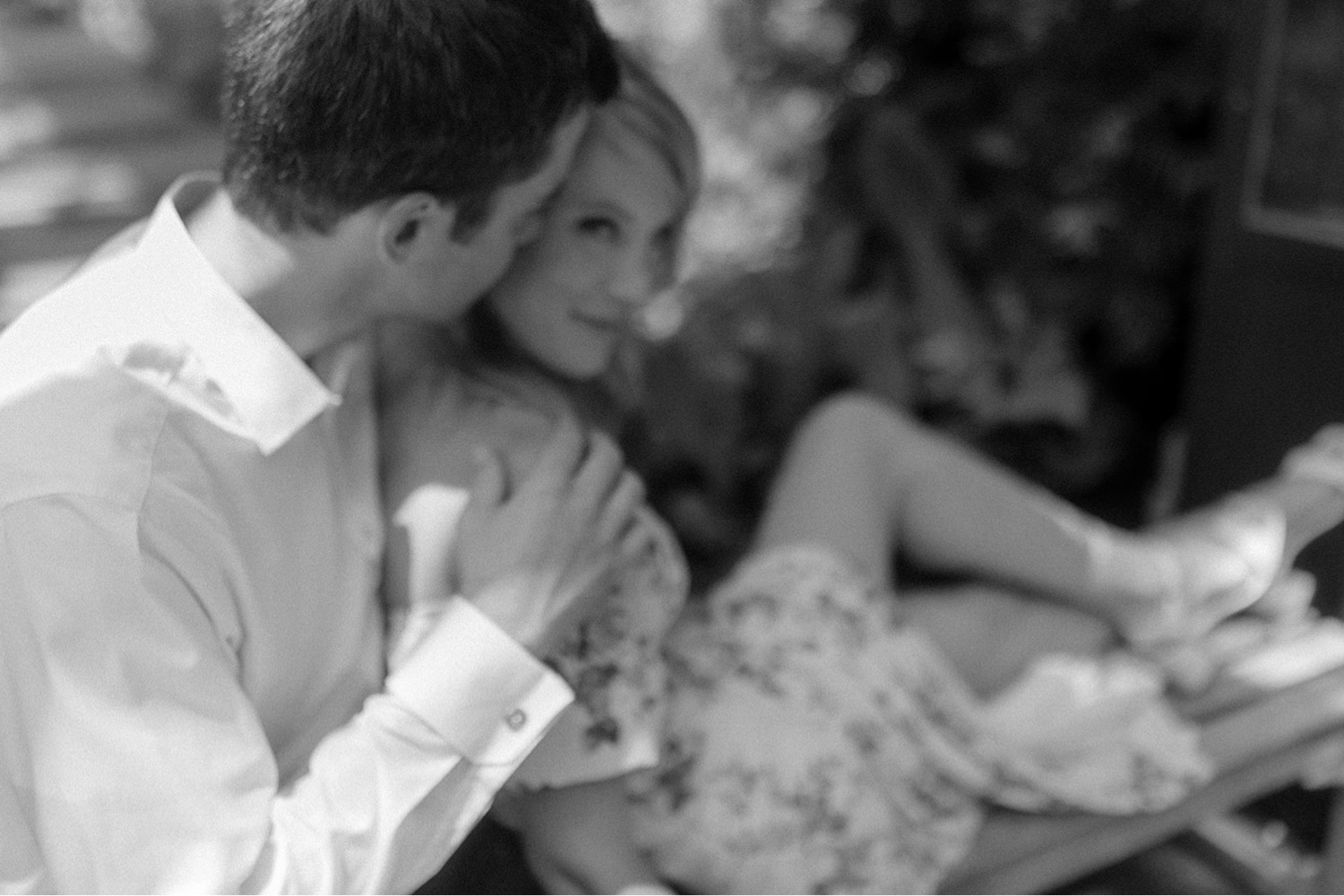 black and white blurry engagement session photo