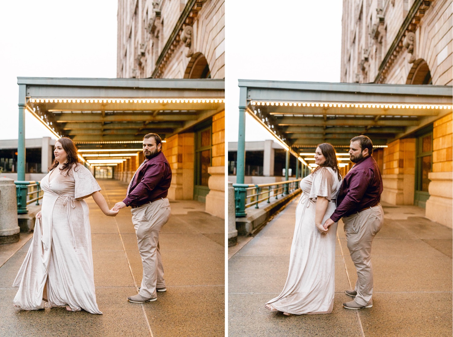 urban engagement session formal couple dancing