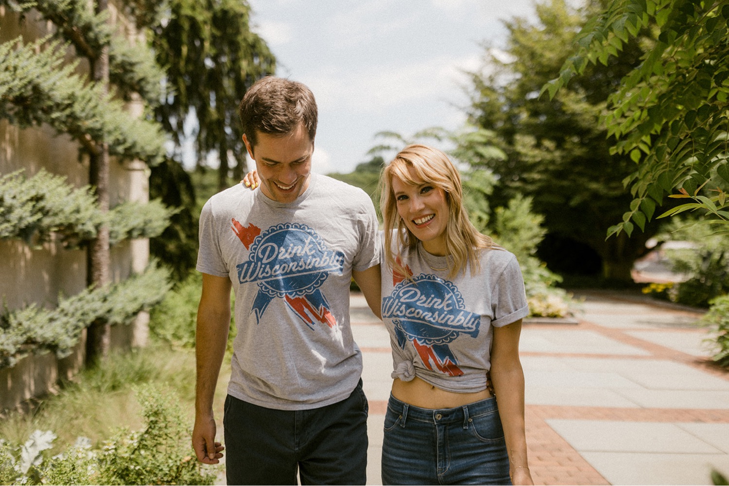 couple wearing pbr shirts engagement session
