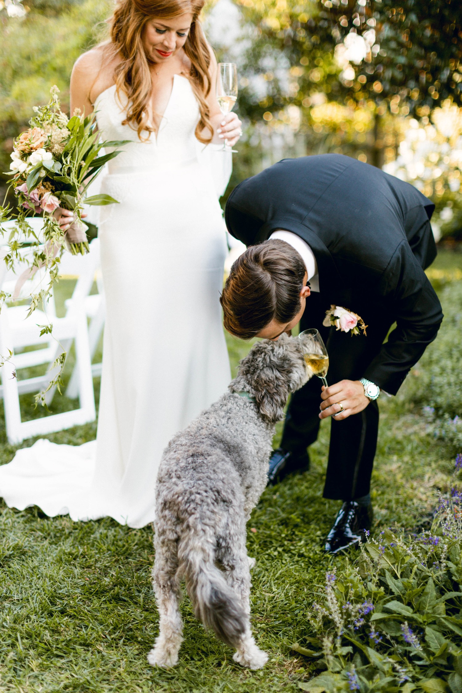 bride and groom kissing dog backyard micro wedding