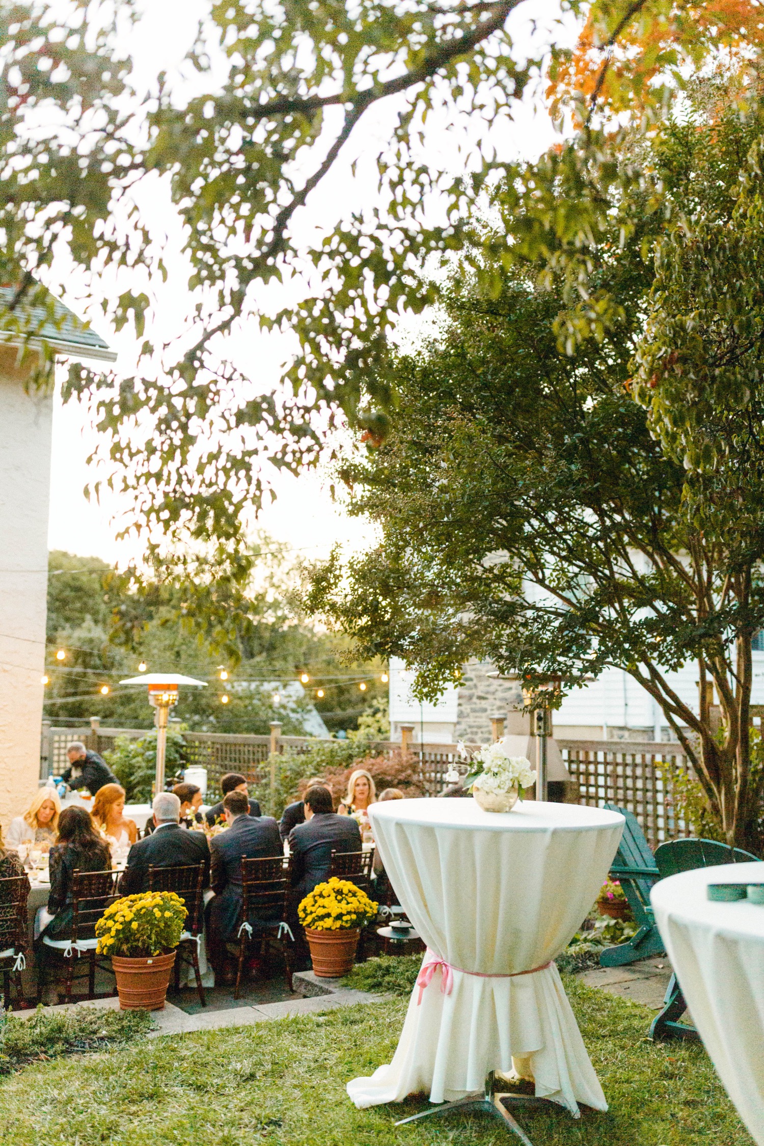 guests eating dinner luxurious backyard wedding