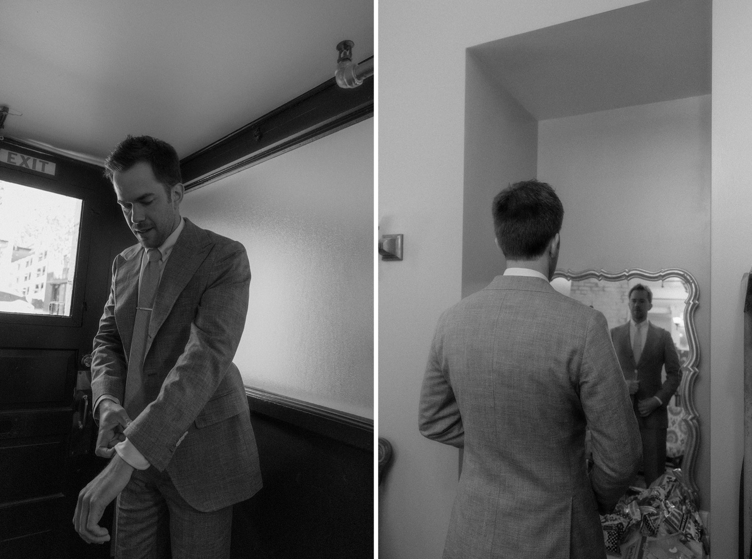 groom putting on suit jacket getting ready wedding