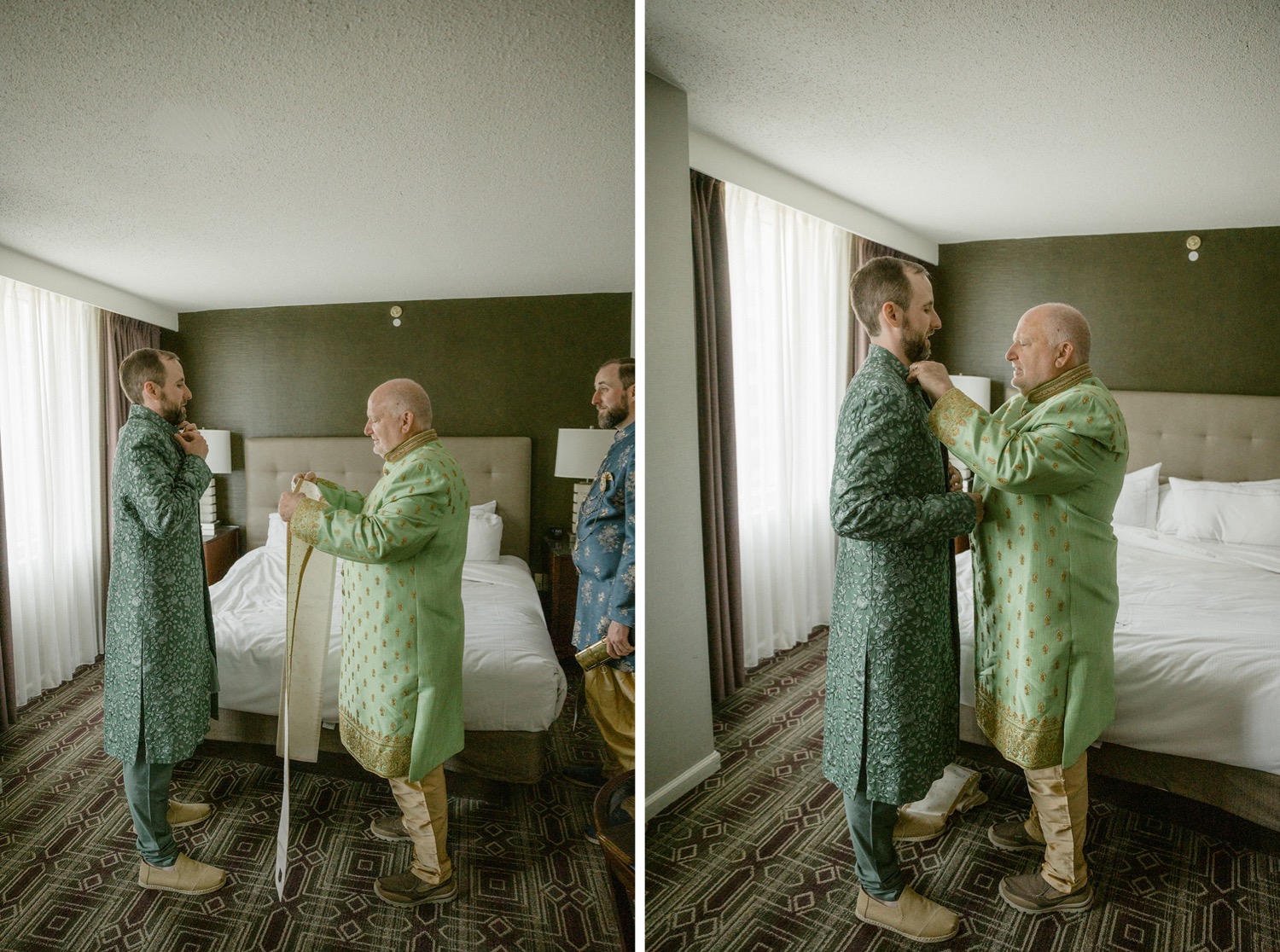 dad helping groom get ready wedding