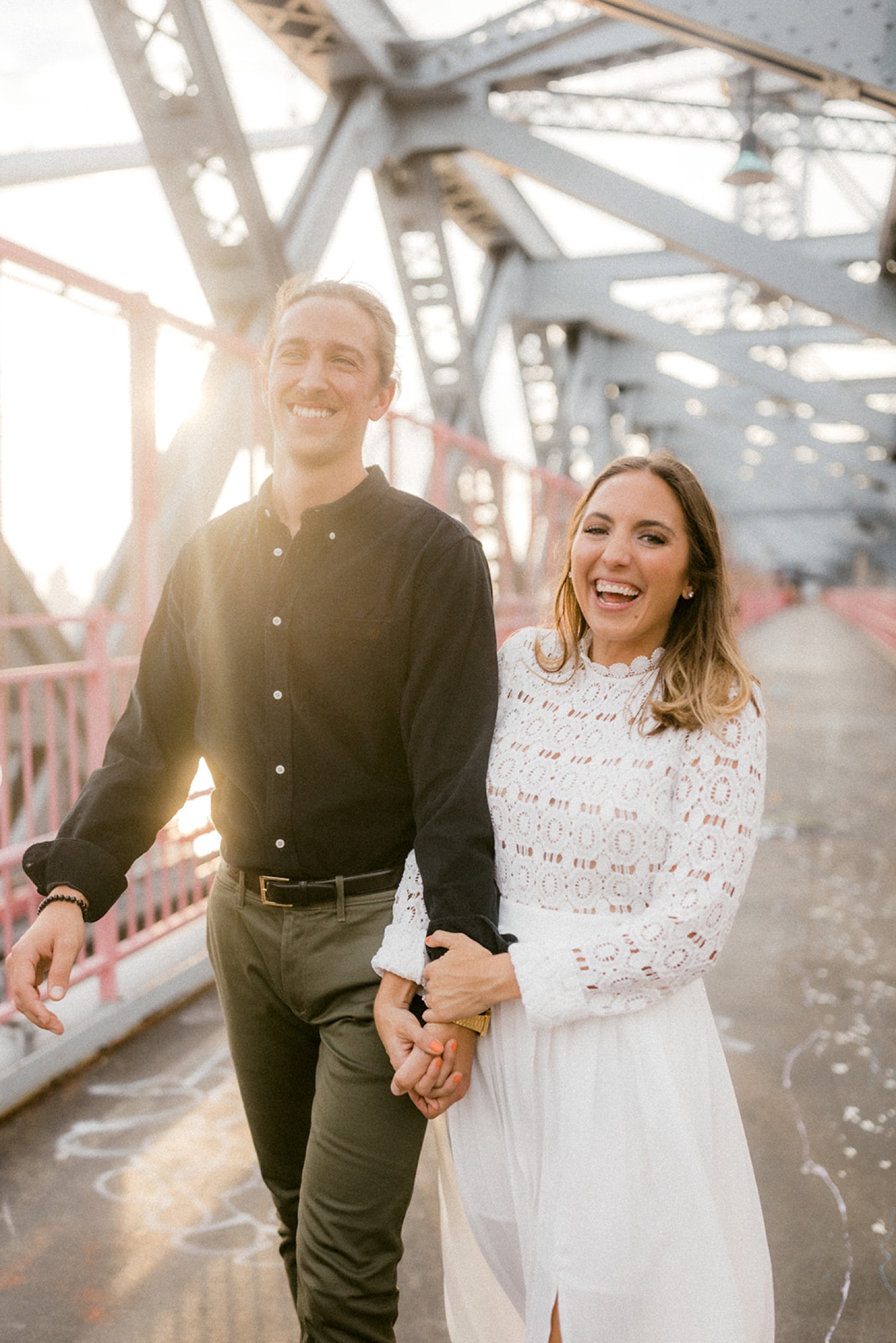 couple walking laughing brooklyn engagement session