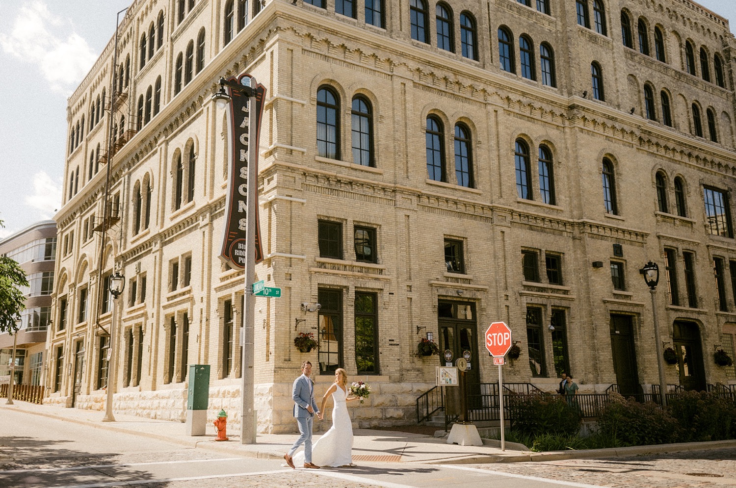 Bride and groom in front of Pabst Best Place Brewery Wedding
