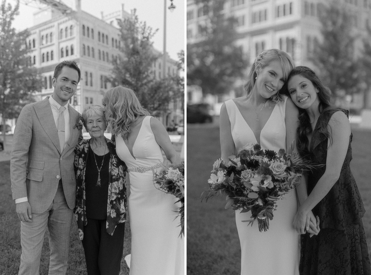 bride kissing grandma and hugging sister wedding portrait