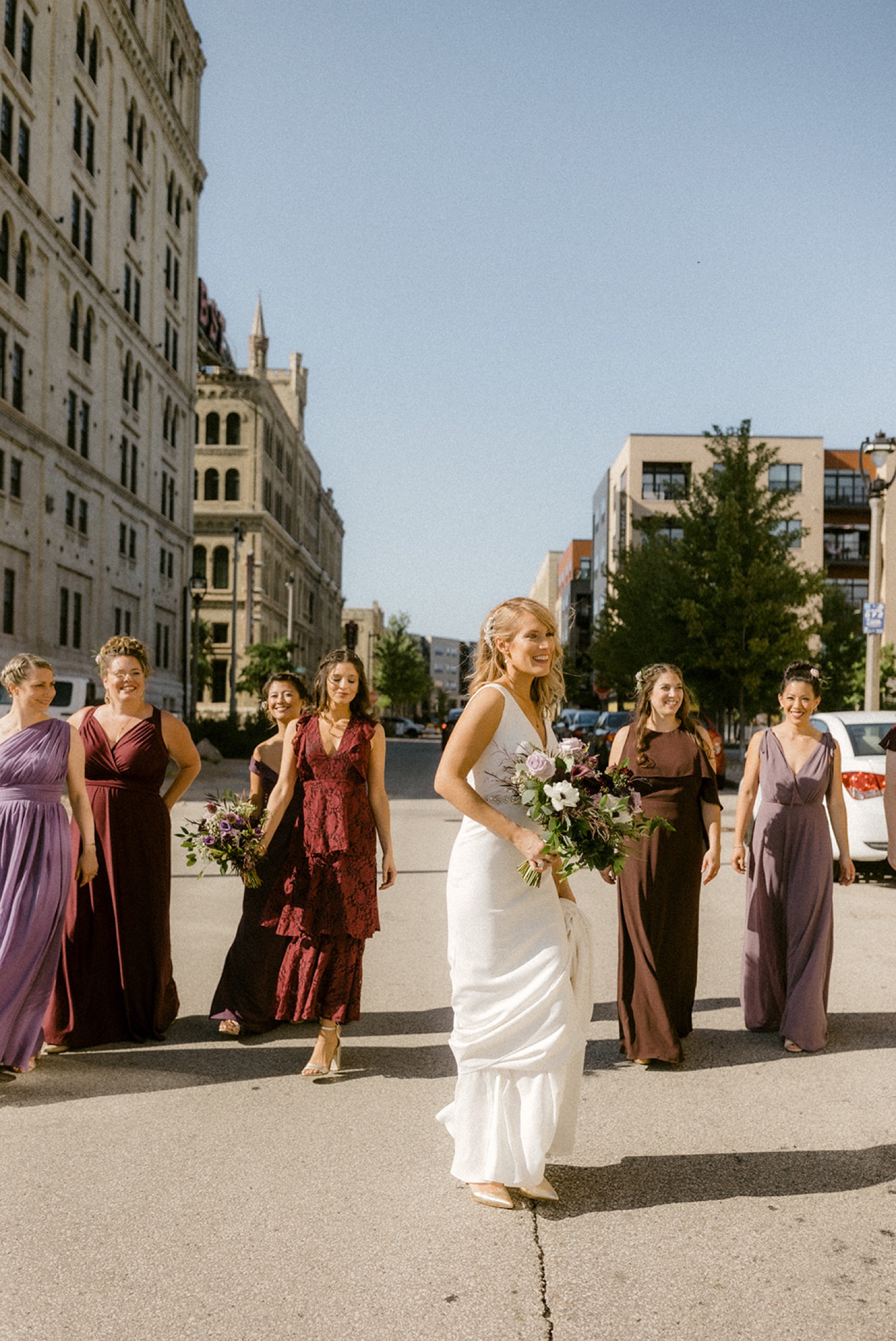 bride and bridesmaids downtown Milwaukee wedding party