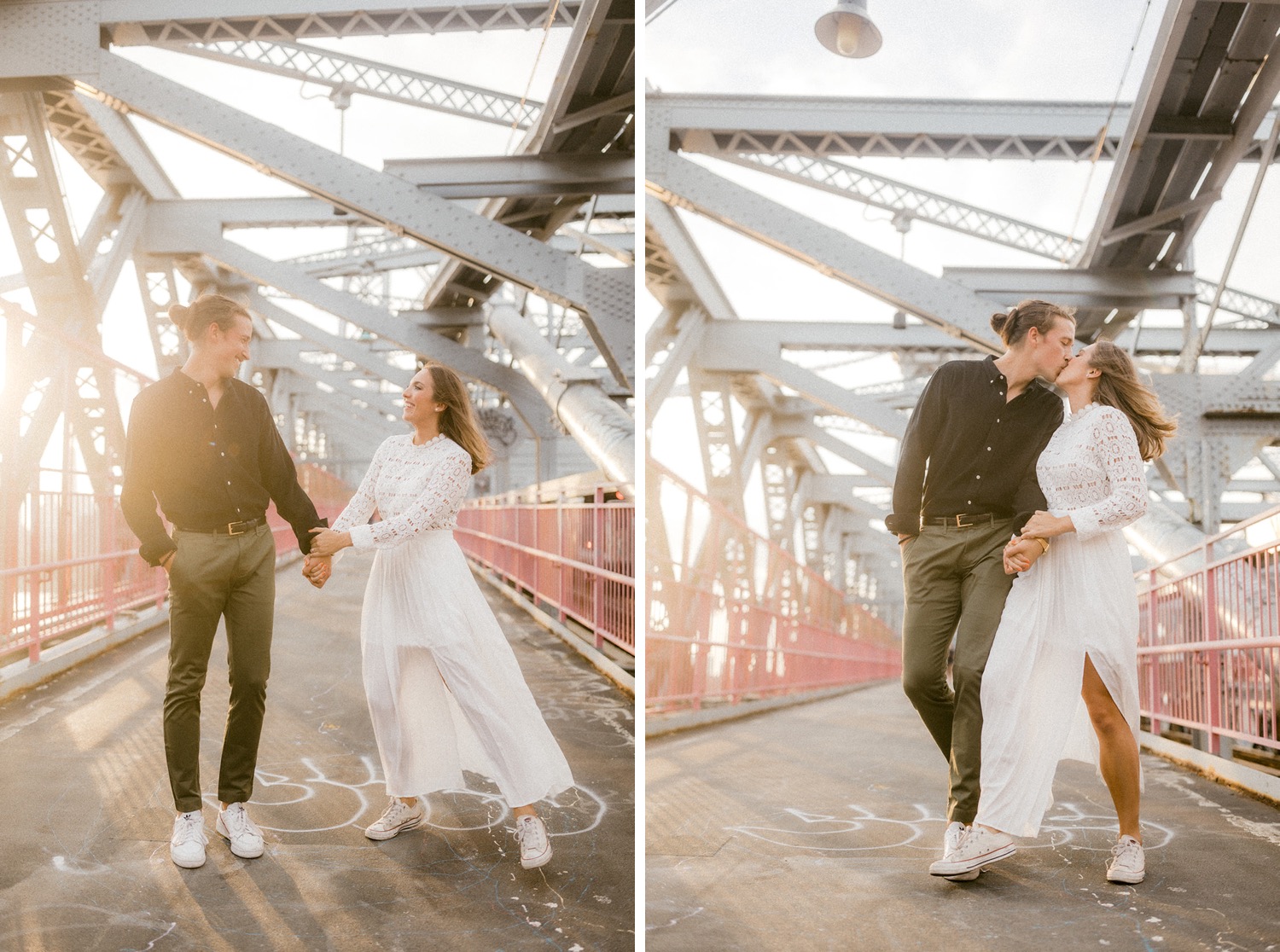 couple kissing on iron bridge in brooklyn