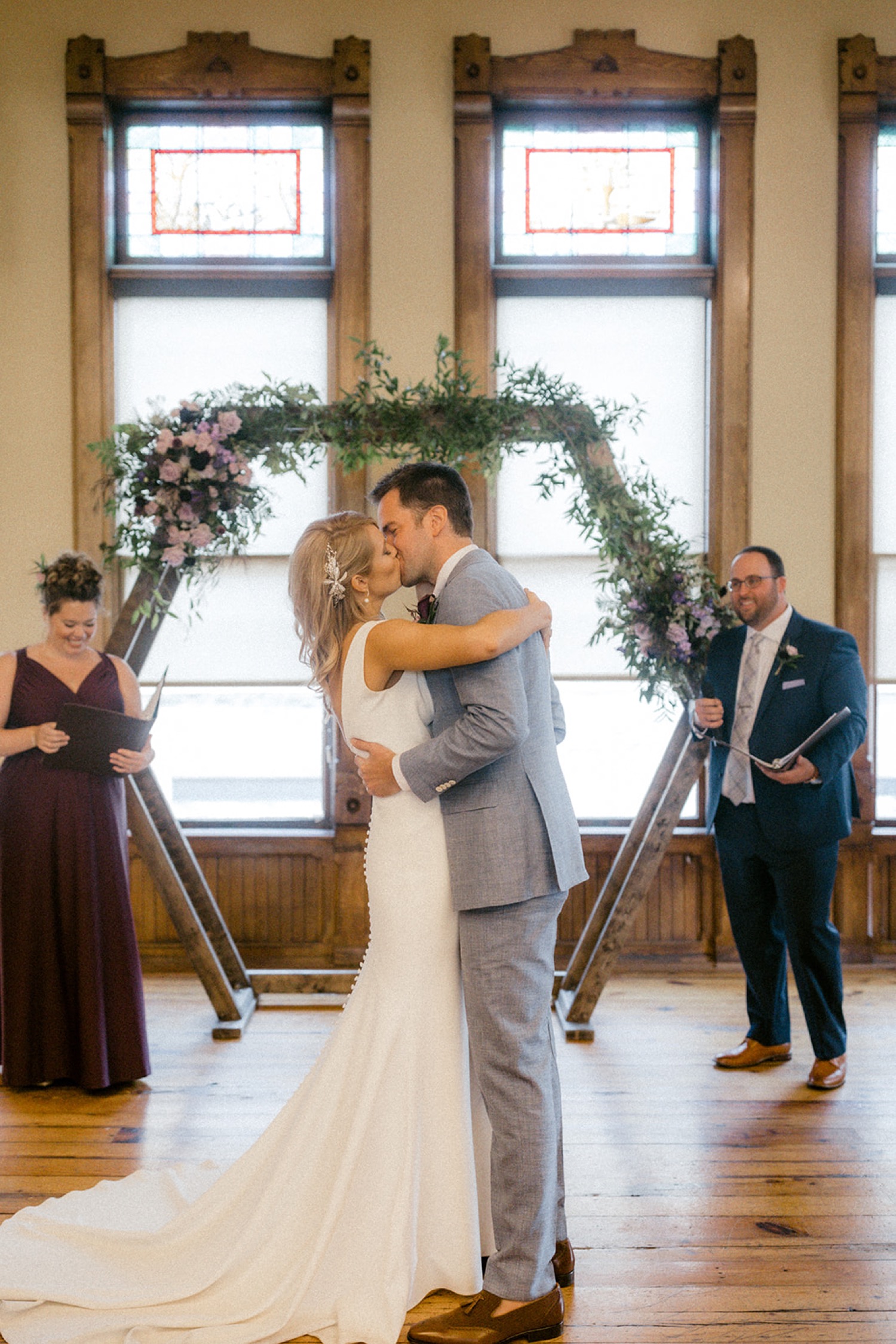 bride and groom kiss wedding ceremony Pabst Best Place Brewery Wedding