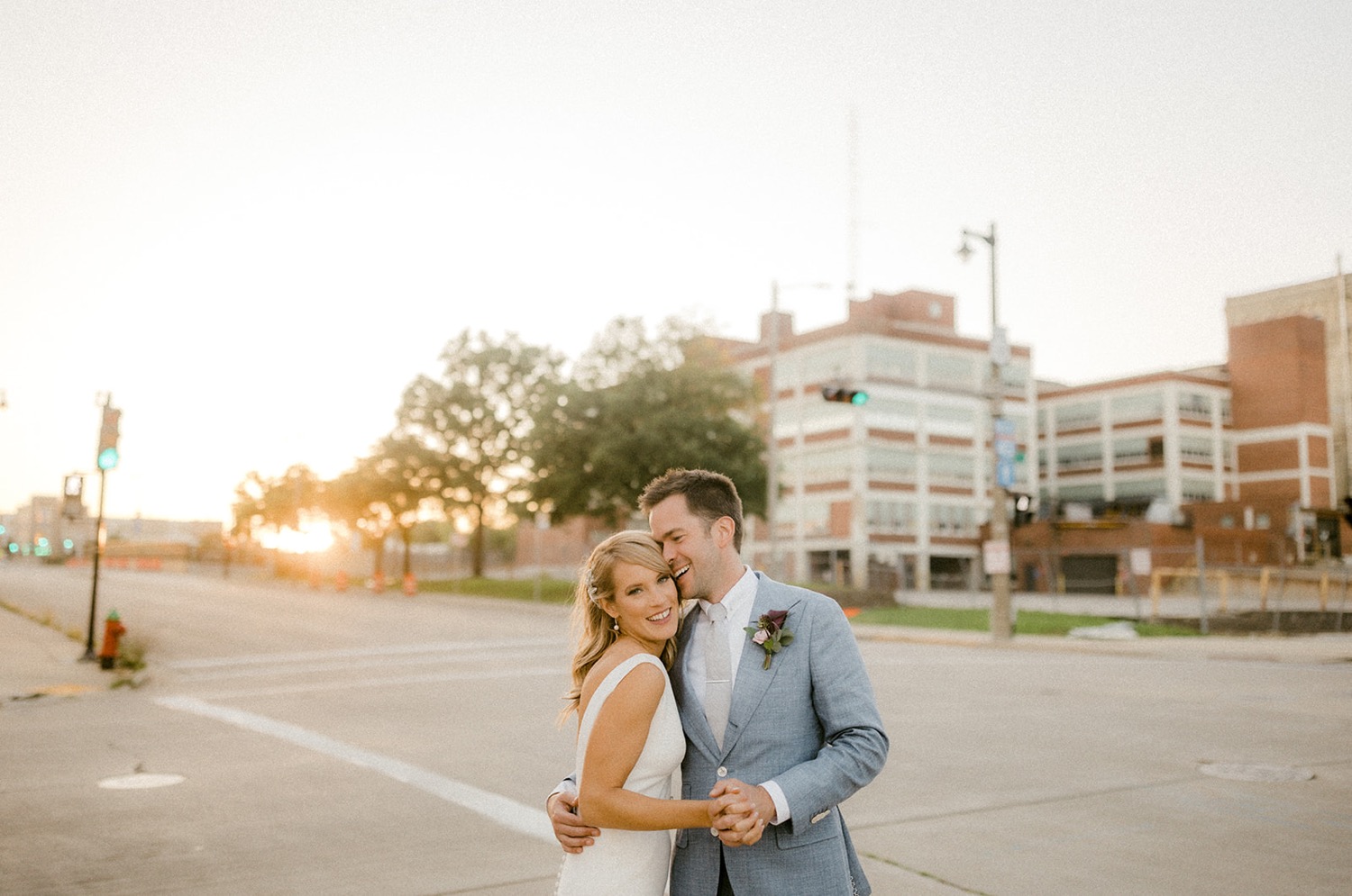 bride and groom smiling wedding portrait downtown Milwaukee Pabst Best Place Brewery Wedding