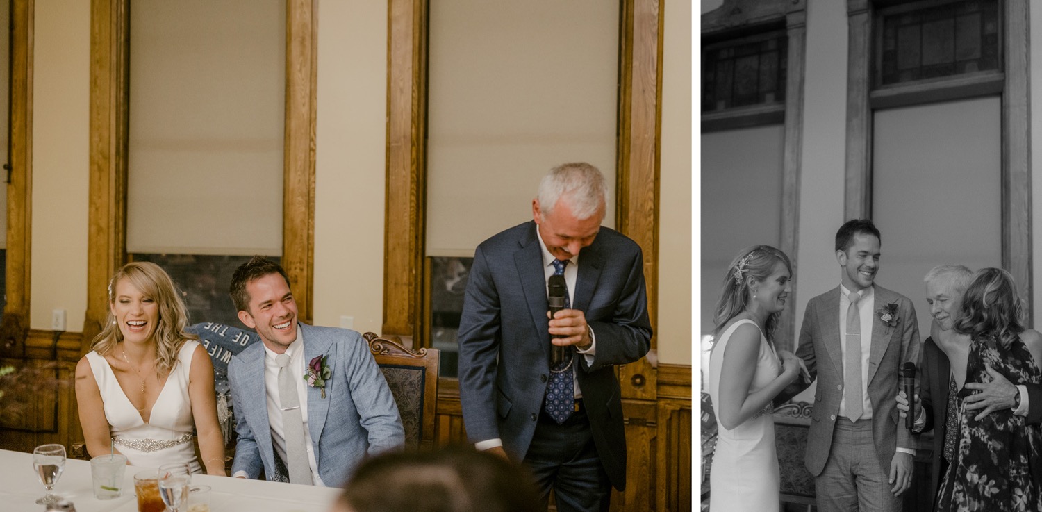 groom dad wedding toast hugging after speech
