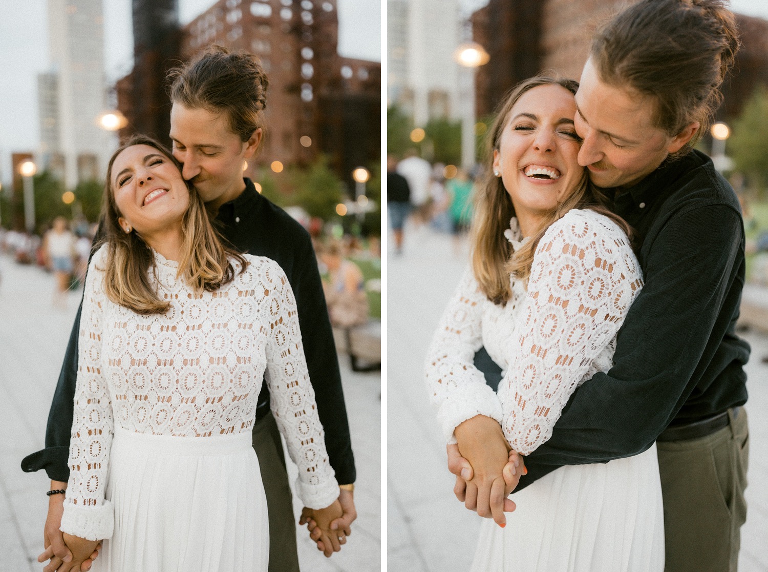 couple hug from behind laughing engagement session
